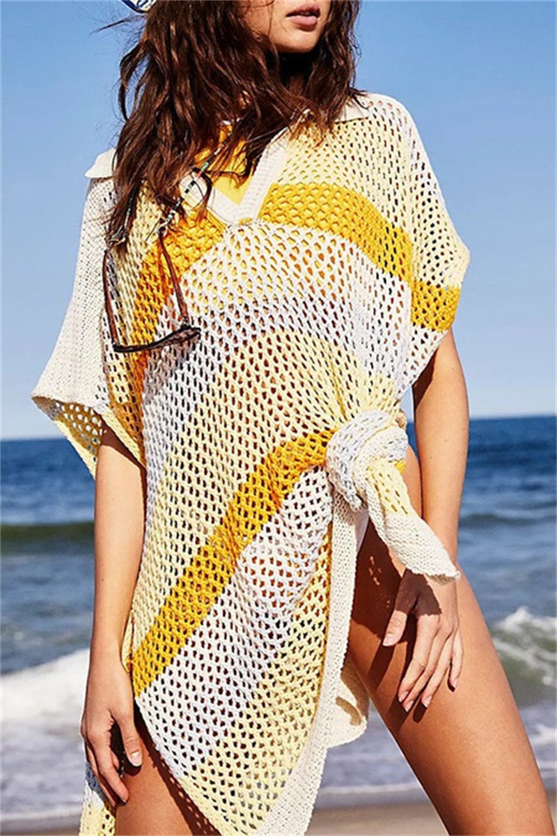 Casual Patchwork Hollowed Out Contrast Swimwears Cover Up