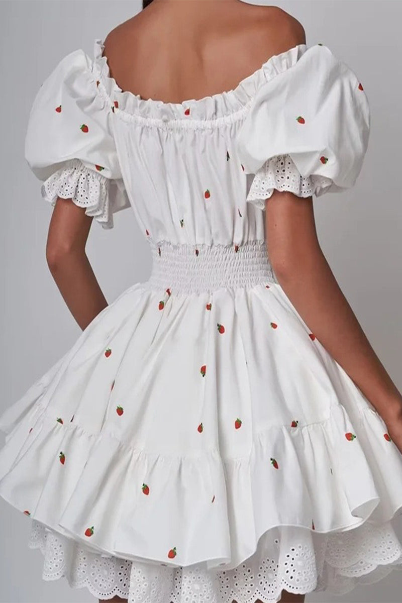 Sweet Fruit printing Patchwork Frenulum Off the Shoulder A Line Dresses