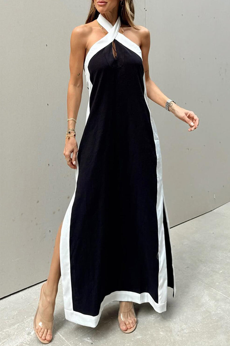 Casual Solid Slit Contrast Halter Sleeveless Dresses(3 Colors)