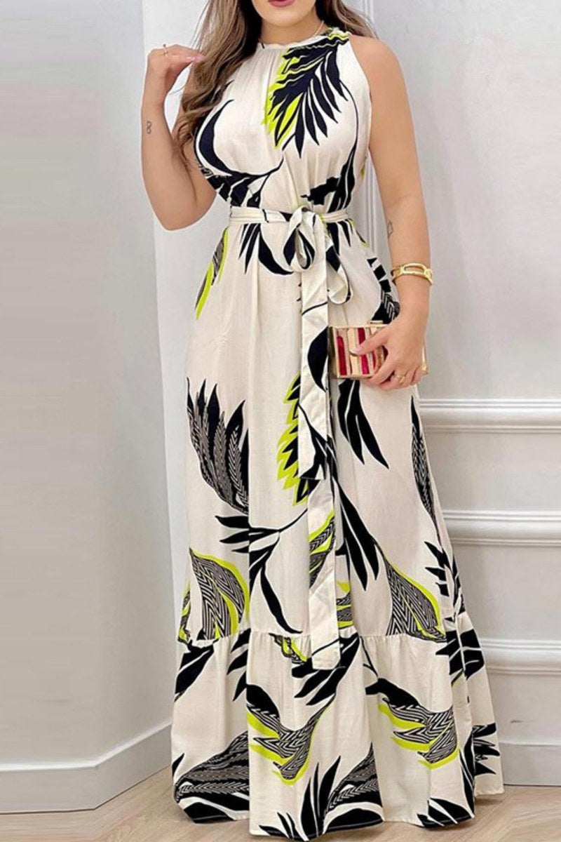 Casual Print Frenulum O Neck Long Dresses