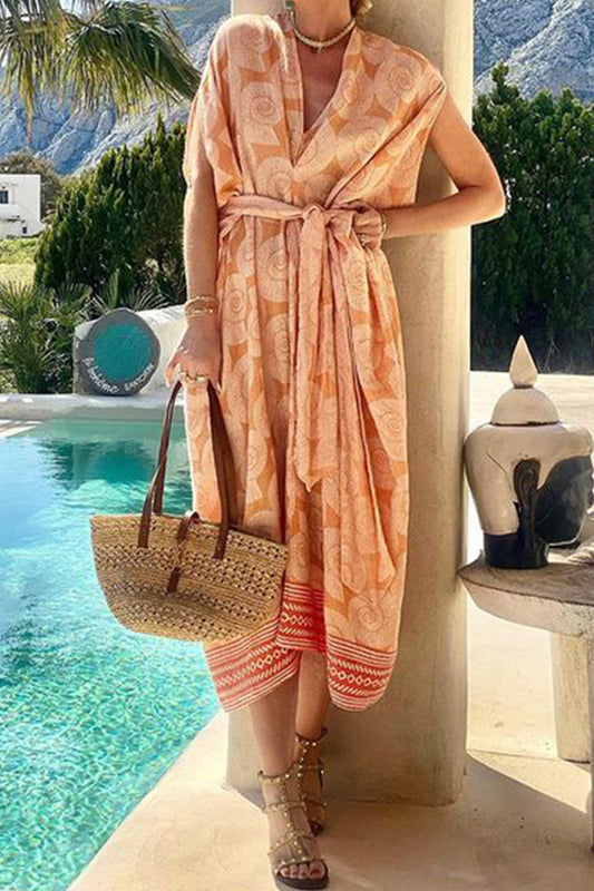 Casual Vacation Floral Print Bandage V Neck Beach Short Sleeve Dress