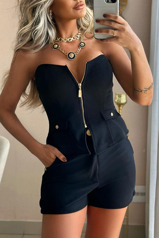 Casual Solid Color Backless Zipper Patchwork Strapless Sleeveless Two Pieces