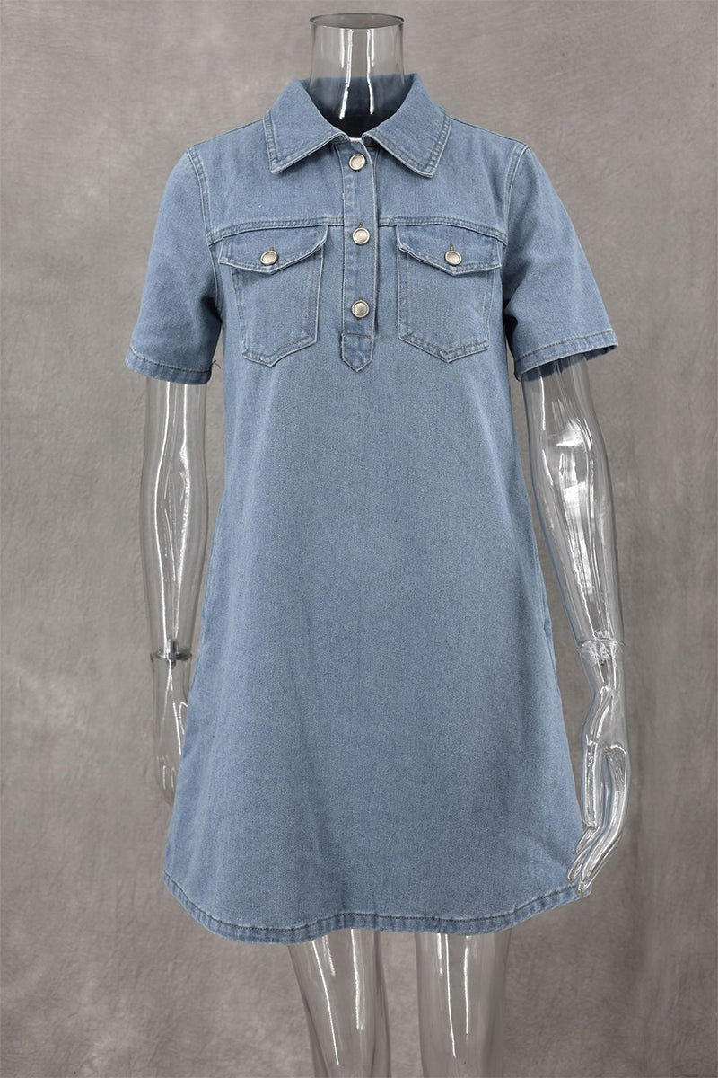 Casual Daily Solid Color Buttons Turndown Collar Short Sleeve Loose Denim Dresses