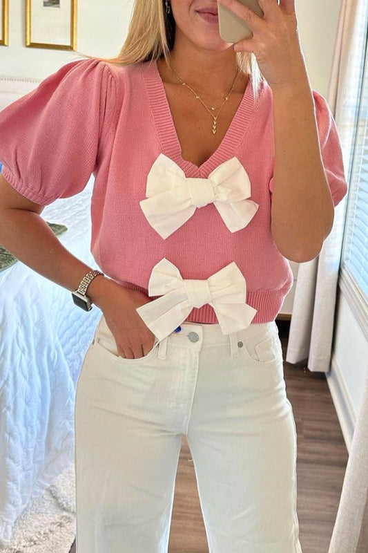 Casual Daily Solid Color Bow Decor V Neck Tops