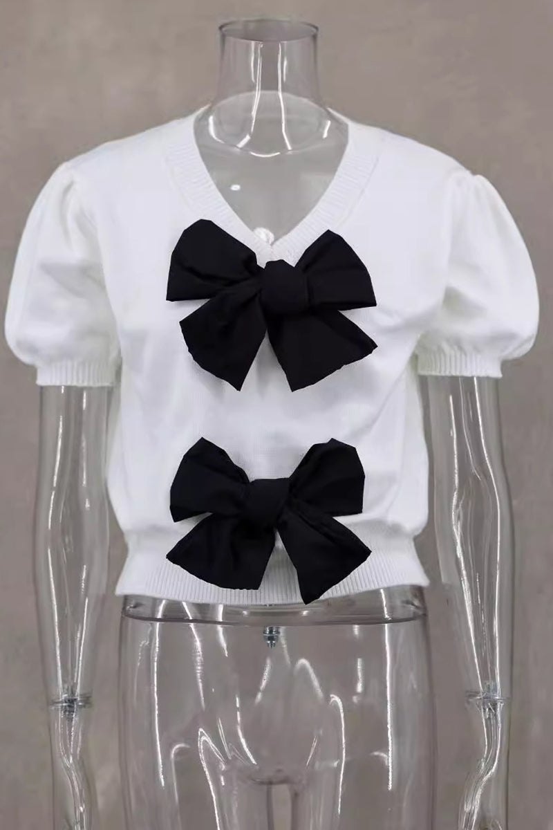 Casual Daily Solid Color Bow Decor V Neck Tops