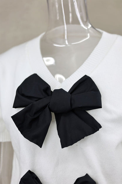 Casual Daily Solid Color Bow Decor V Neck Tops