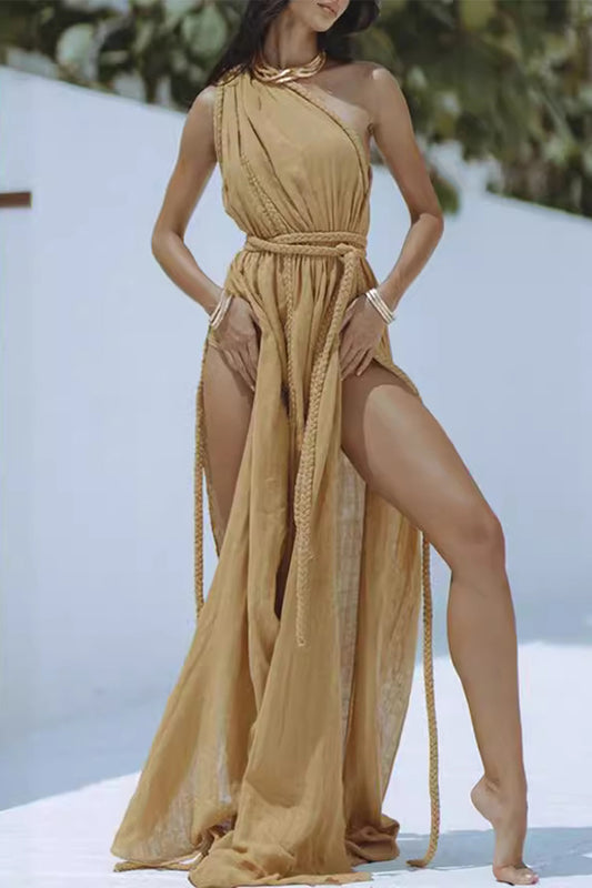 Sexy Vacation Solid Color Slit Strap Design Swimwears Cover Up