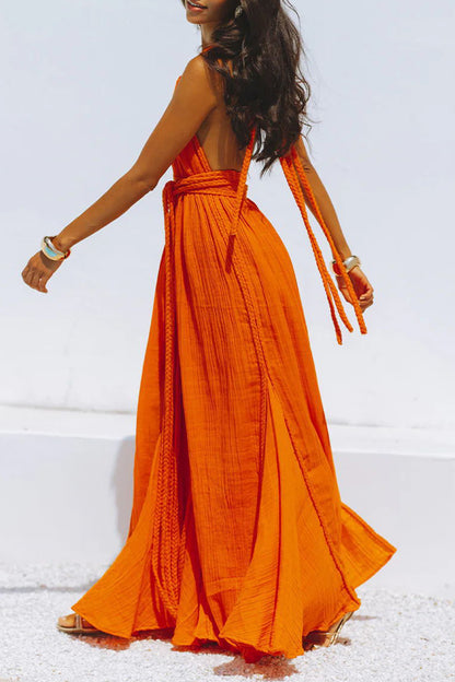 Sexy Solid Color Lace Up Backless Halter Beach Dresses