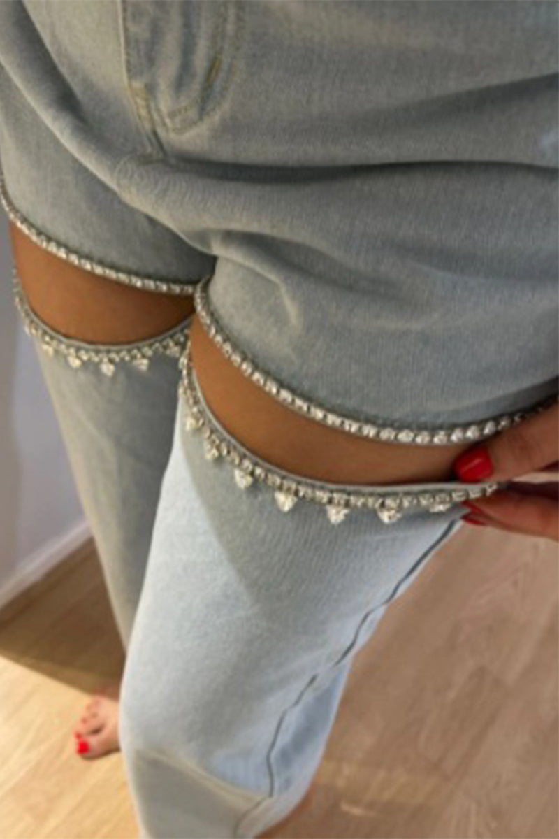 Street Solid Color Rhinestone Decor High Waist Denim Jeans