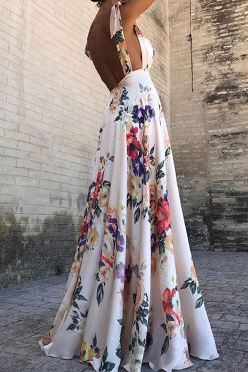 Sexy Floral Print Backless V Neck Sling Dresses(4 Colors)