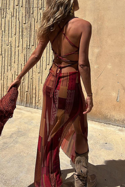 Sexy Geometric Print Backless Slit Strap Design Sling Dresses(3 Colors)