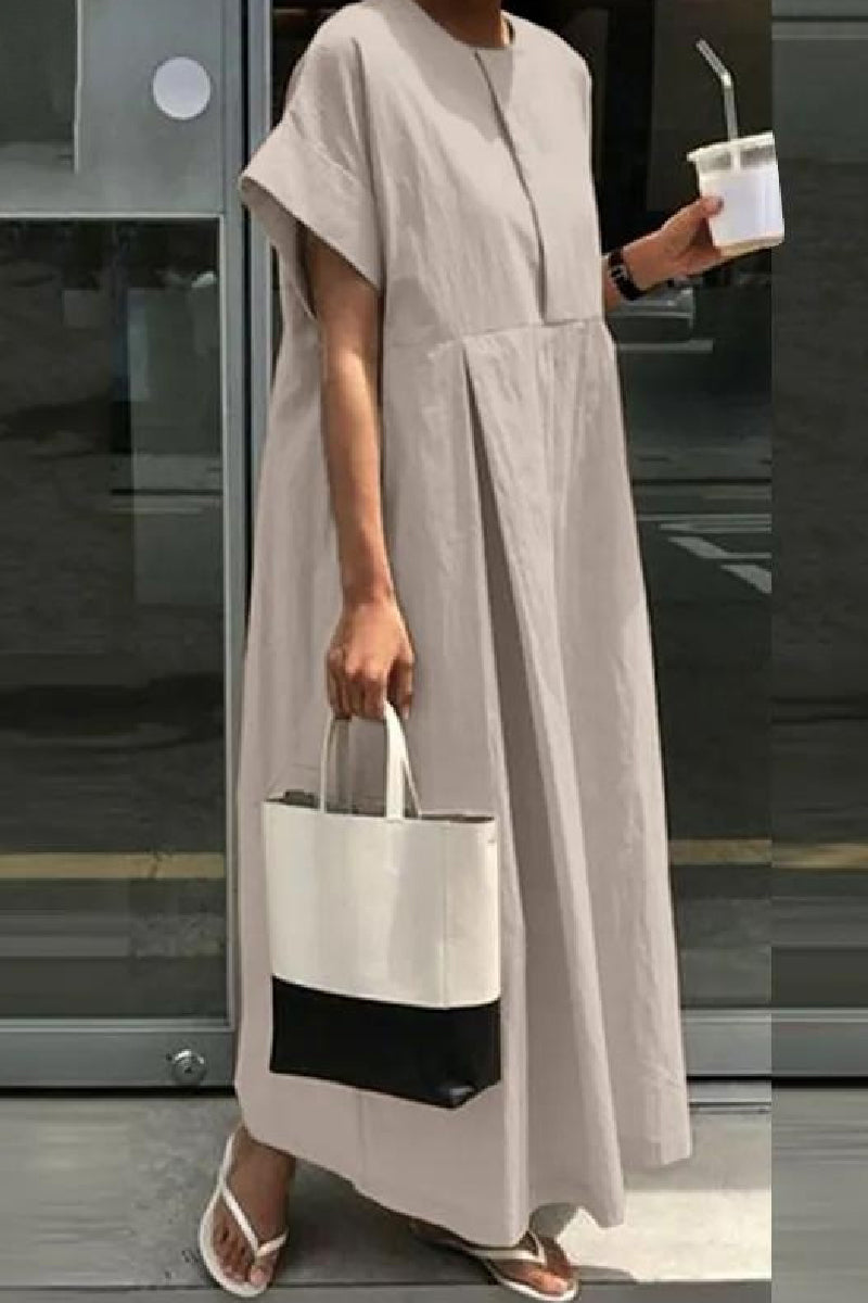 Casual Solid Color Patchwork O Neck Long Dresses(4 Colors)