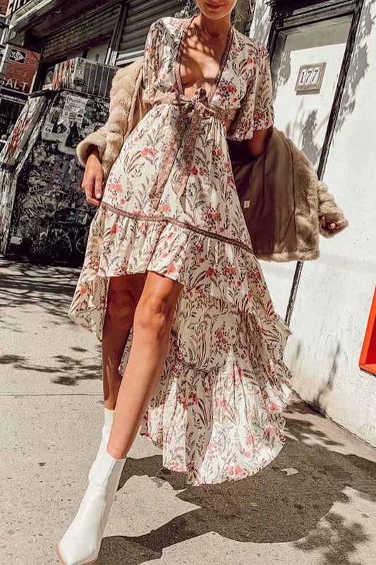 Sexy Vacation Floral Print Hollow Out Lace Up V Neck Irregular Dresses