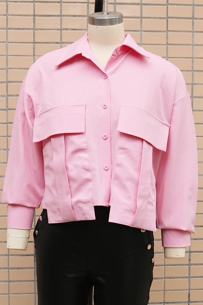 Casual Daily Solid Color Buttons Patchwork Shirt Collar Blouses(3 Colors)