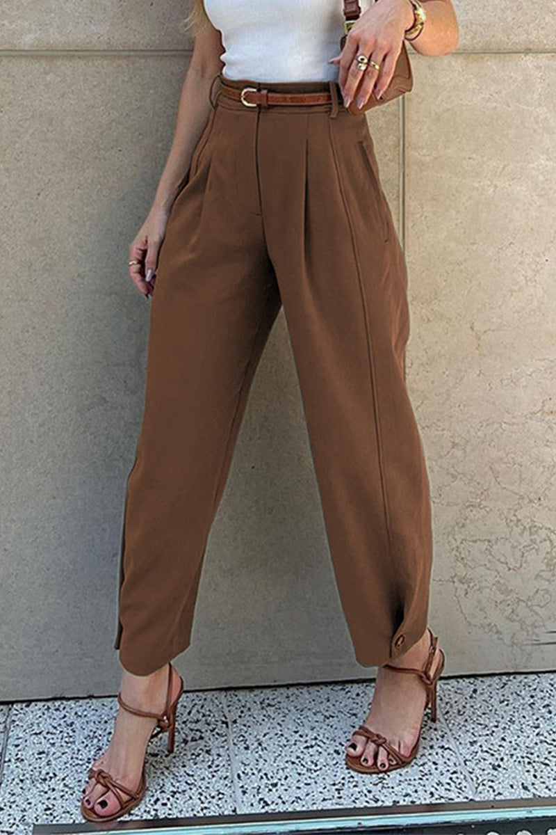 Casual Daily Solid Color Pocket With Belt Loose High Waist Harlan Solid Color Bottoms(3 Colors)