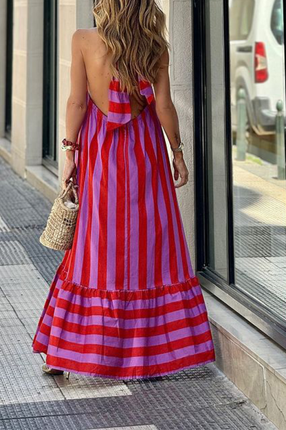 Casual Street Striped Print Lace Up Backless Contrast Halter Sleeveless Dresses