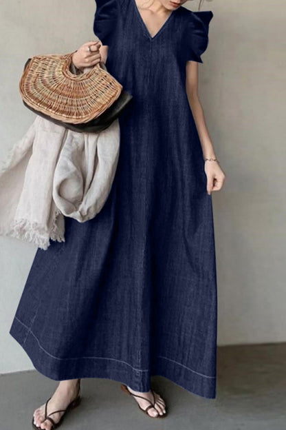 Casual Solid Color Basic V Neck Sleeveless Loose Denim Dresses(3 Colors)