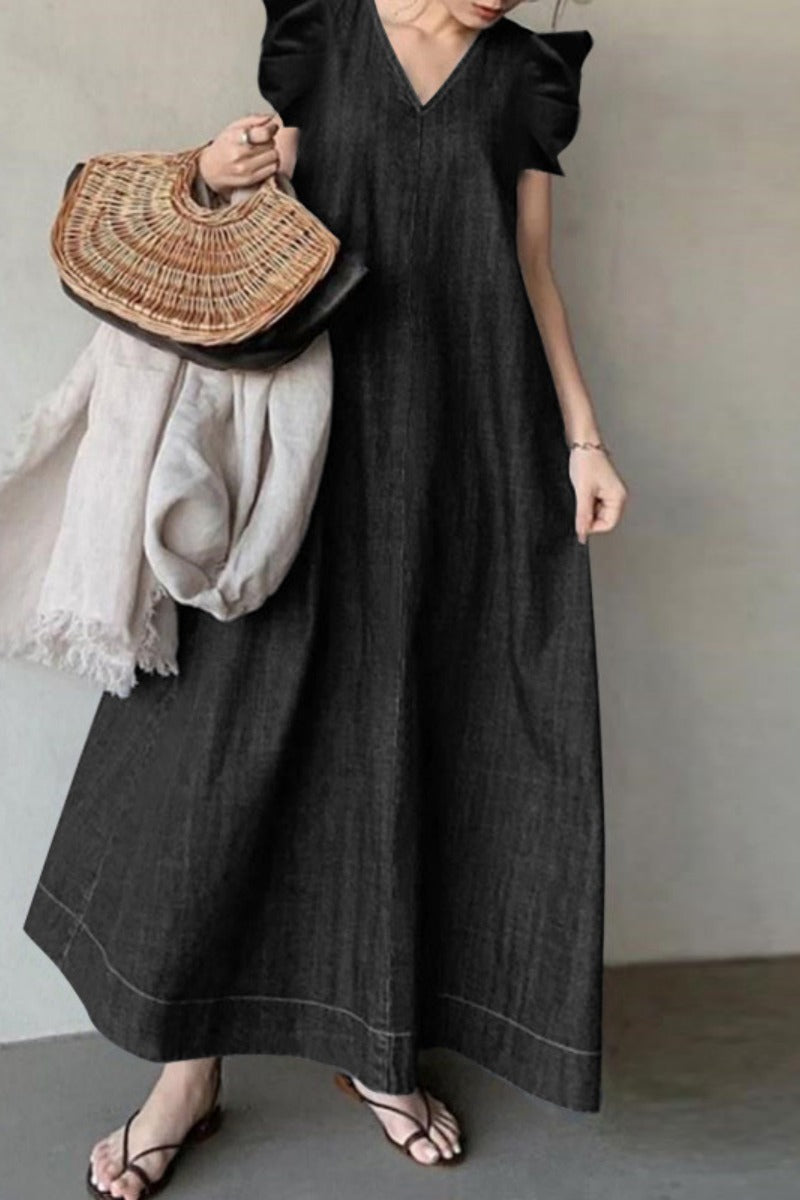 Casual Solid Color Basic V Neck Sleeveless Loose Denim Dresses(3 Colors)