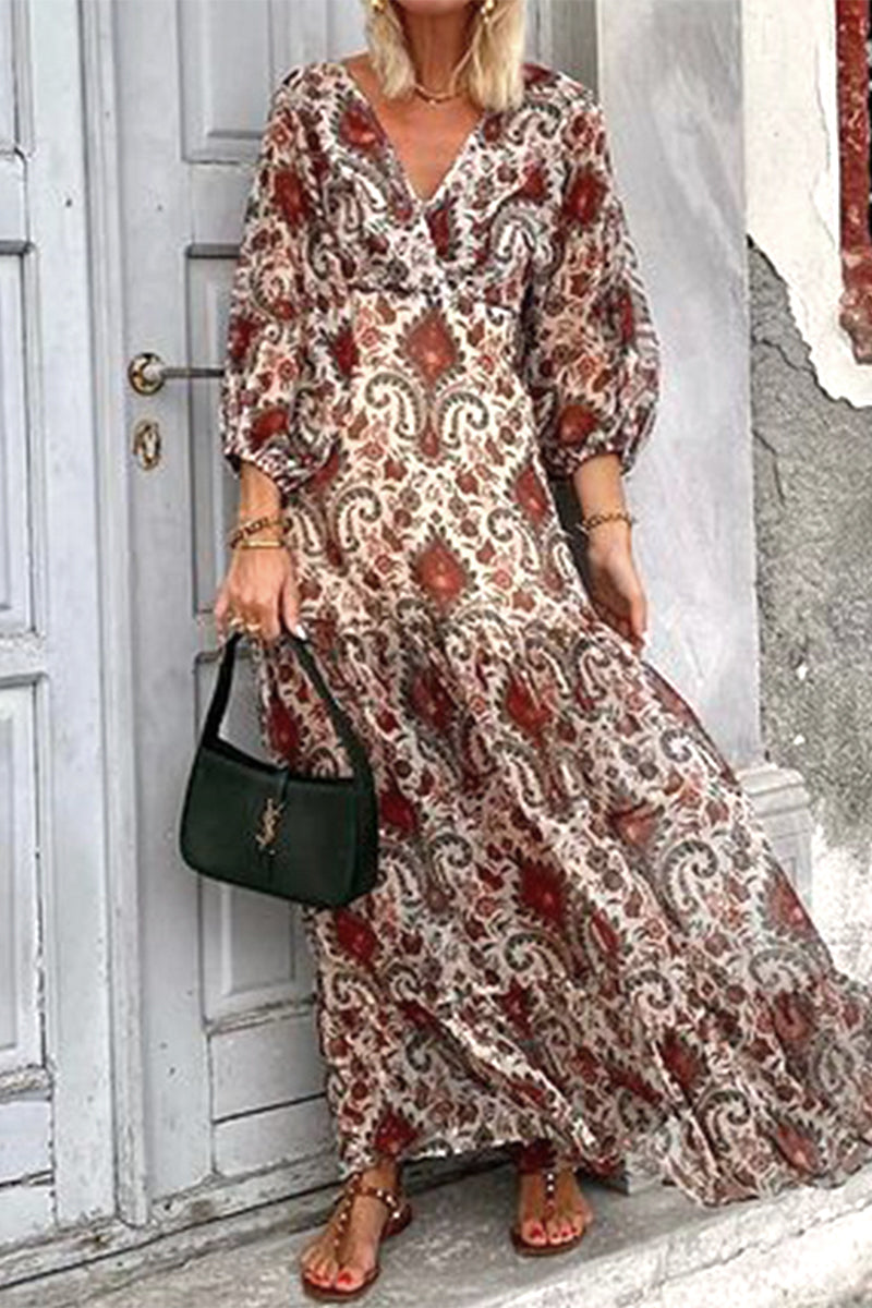 Casual Geometric Print Lace Up V Neck A Line Dresses