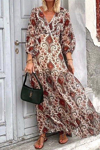 Casual Geometric Print Lace Up V Neck A Line Dresses