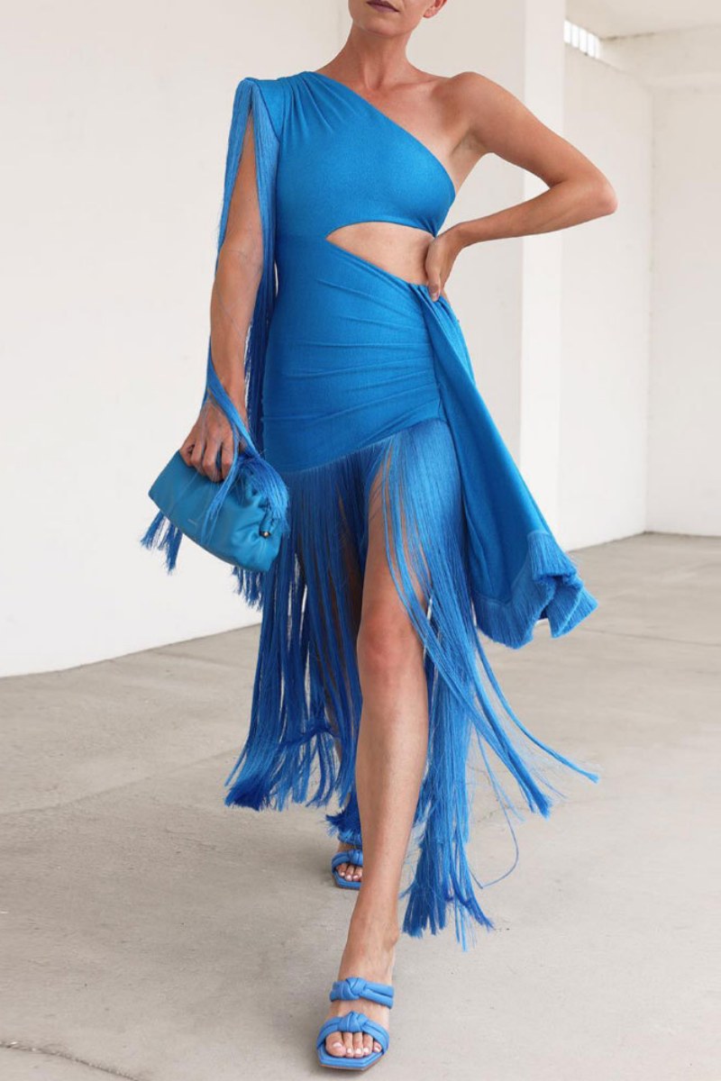 Sexy Solid Color Fringed Trim Hollow Out Backless Oblique Collar Irregular Dresses