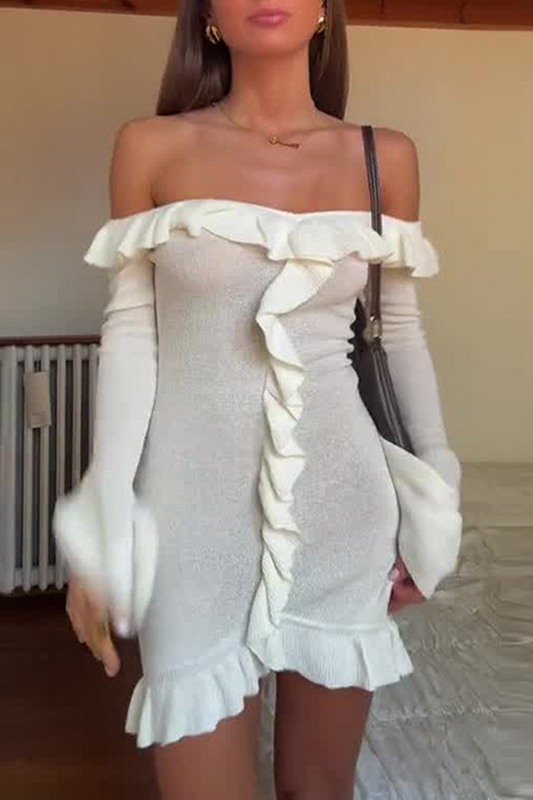 Sexy Solid Color Ruffle Off Shoulder Wrapped Skirt Dresses