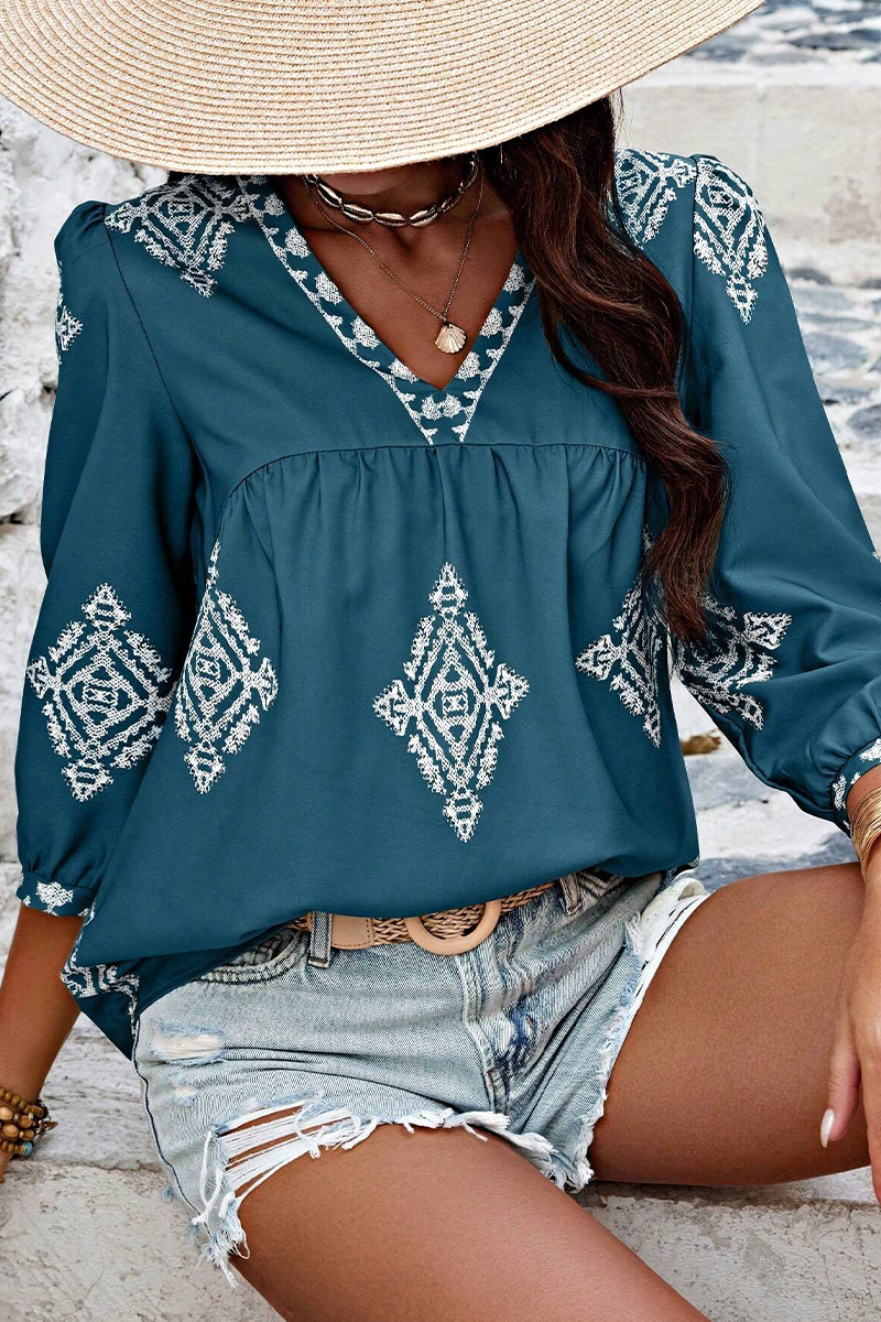 Casual Daily Geometric Print V Neck Tops(6 Colors)