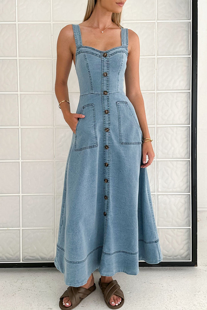 Sexy Street Solid Color Pocket Buttons Zipper V Neck Sleeveless Denim Dresses