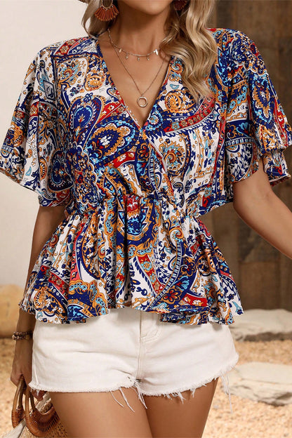 Elegant National Totem Print Ruffle V Neck Blouses