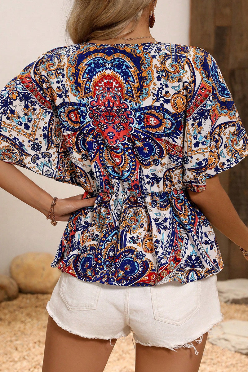 Elegant National Totem Print Ruffle V Neck Blouses