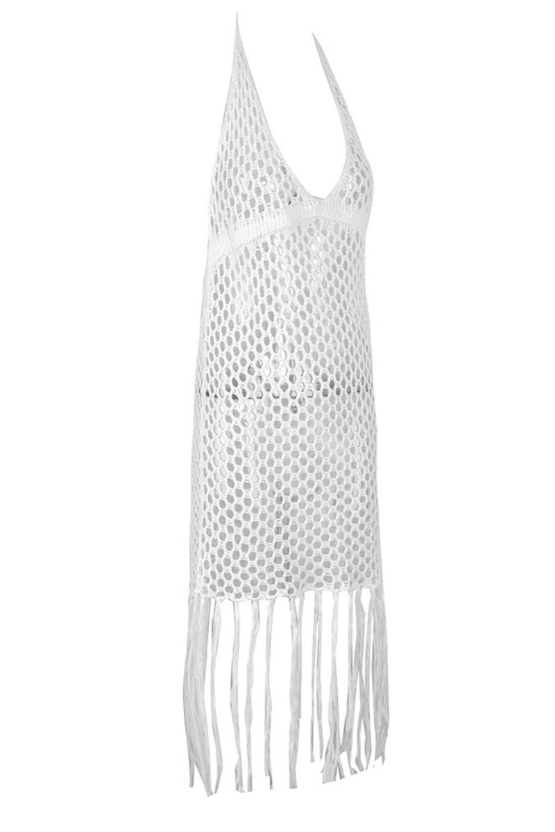 Sexy Solid Color Fringed Trim Hollow Out See-Through Backless Swimwears Cover Up