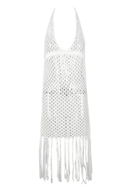 Sexy Solid Color Fringed Trim Hollow Out See-Through Backless Swimwears Cover Up