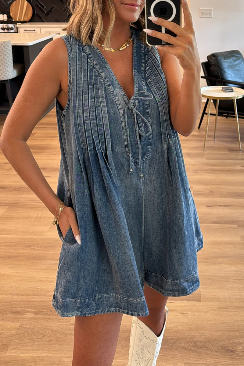 Casual Street Solid Color Pocket Lace Up V Neck Sleeveless Loose Denim Jumpsuits