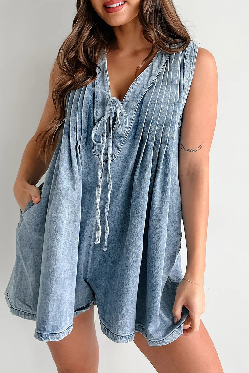 Casual Street Solid Color Pocket Lace Up V Neck Sleeveless Loose Denim Jumpsuits