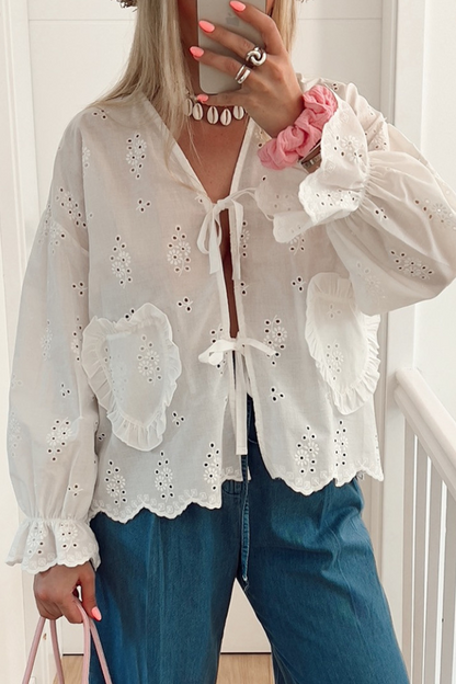 Casual Solid Color Hollow Out Lace Up Heart-shaped V Neck Blouses