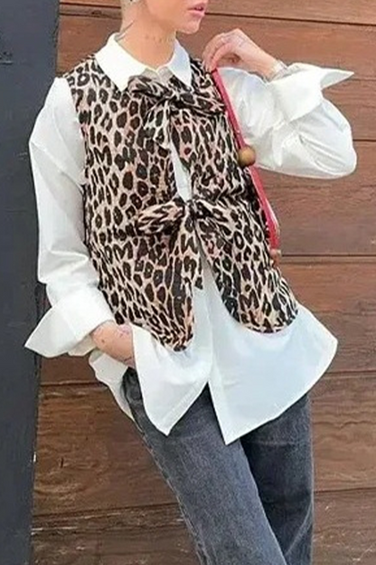 Casual Street Leopard Print Lace Up Patchwork O Neck Tops