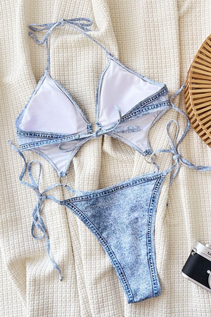 Sexy Faux Denim Print Backless Belted Swimwears (With Paddings)