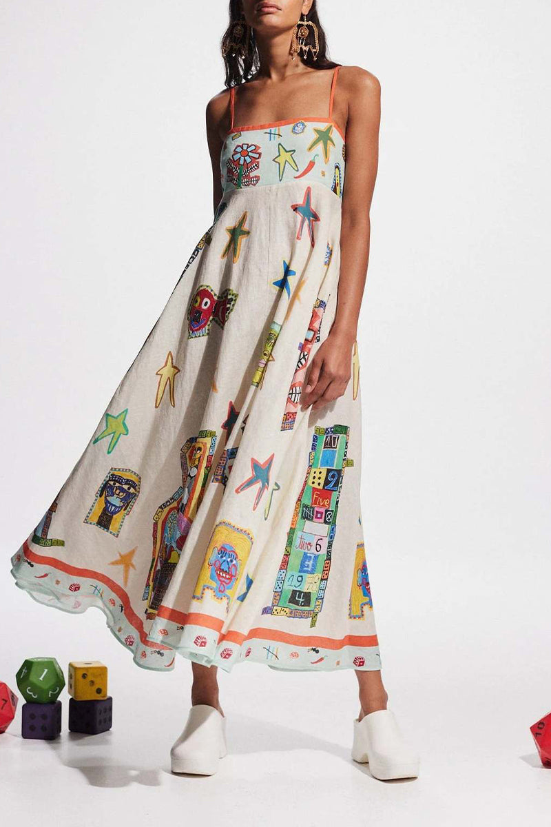 Casual Cartoon Print Patchwork Square Neck Sling Dresses