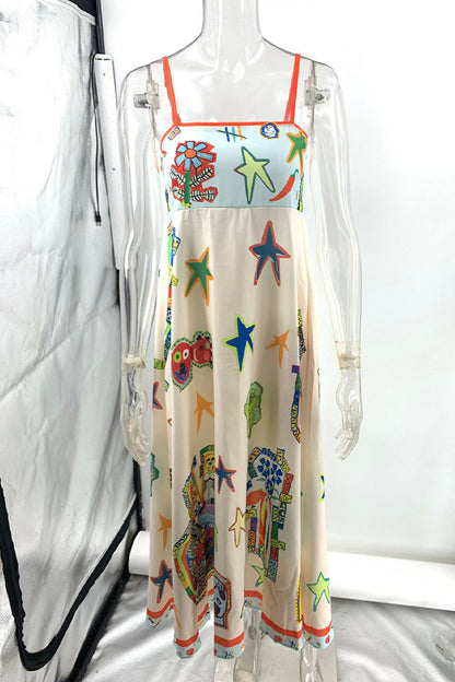 Casual Cartoon Print Patchwork Square Neck Sling Dresses