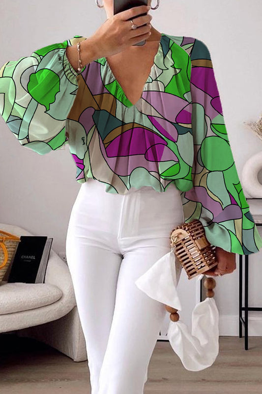 Elegant Colorblock Print Ruched V Neck Tops