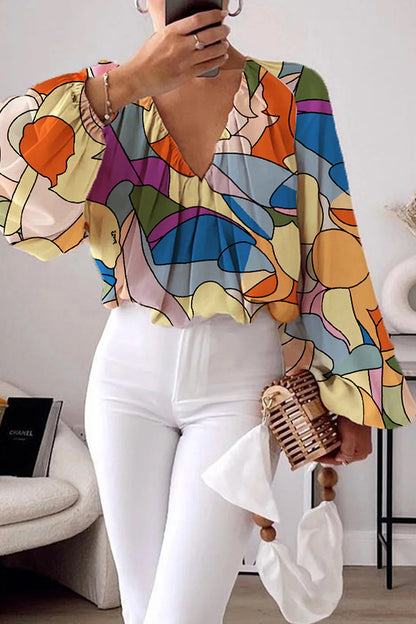 Elegant Colorblock Print Ruched V Neck Tops