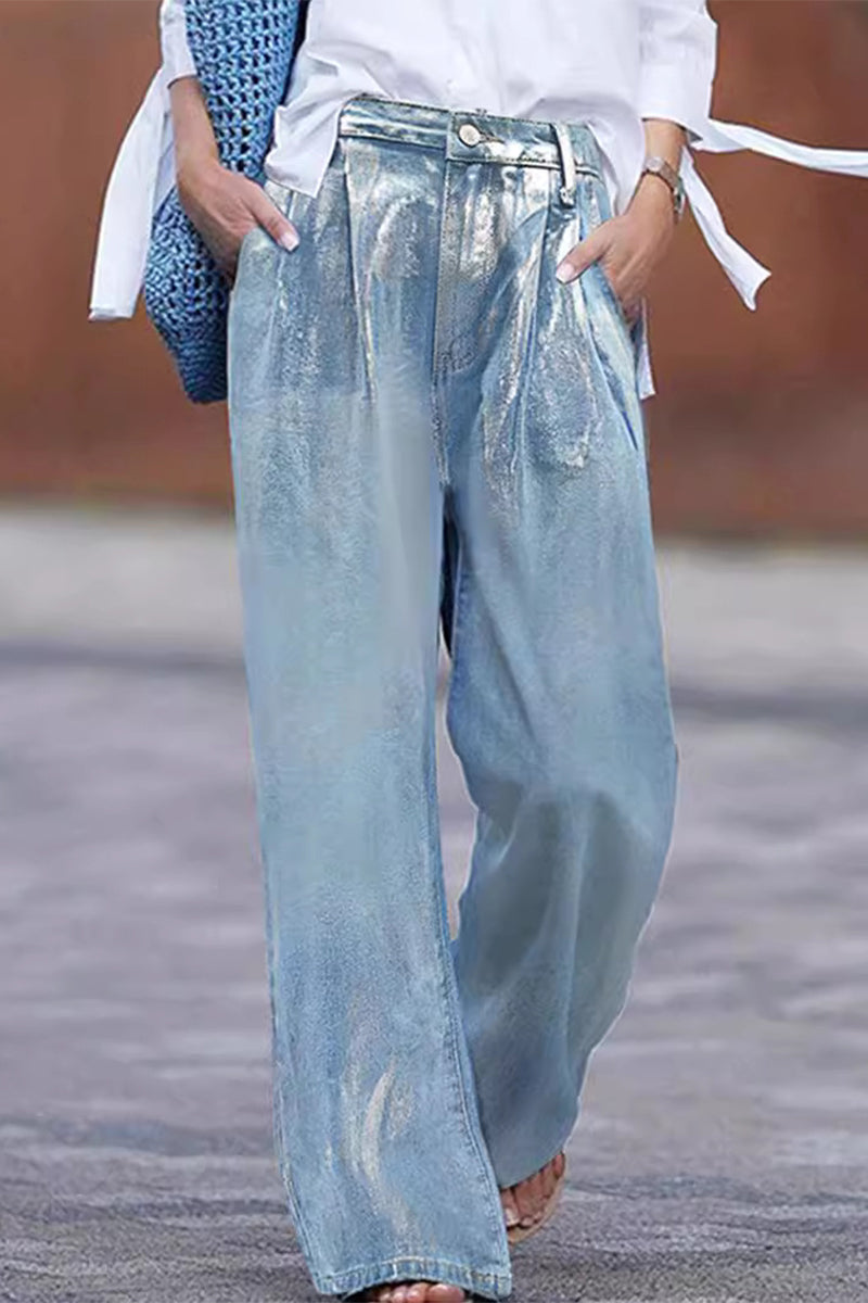 Casual Street Gradient Print Pocket Sequined Contrast High Waist Loose Denim Jeans