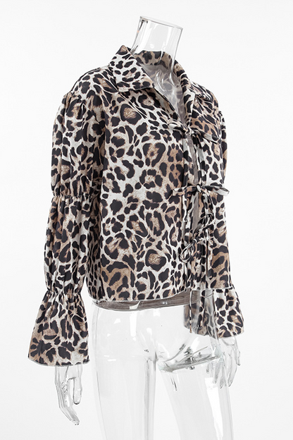 Casual Street Leopard Print Lace Up Turndown Collar Blouses