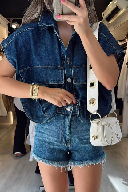 Casual Street Solid Color Buckle Patchwork Irregular Turndown Collar Sleeveless Denim Jacket