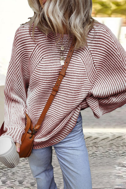 Casual Daily Stripe Texture Contrast O Neck Sweaters(6 Colors)