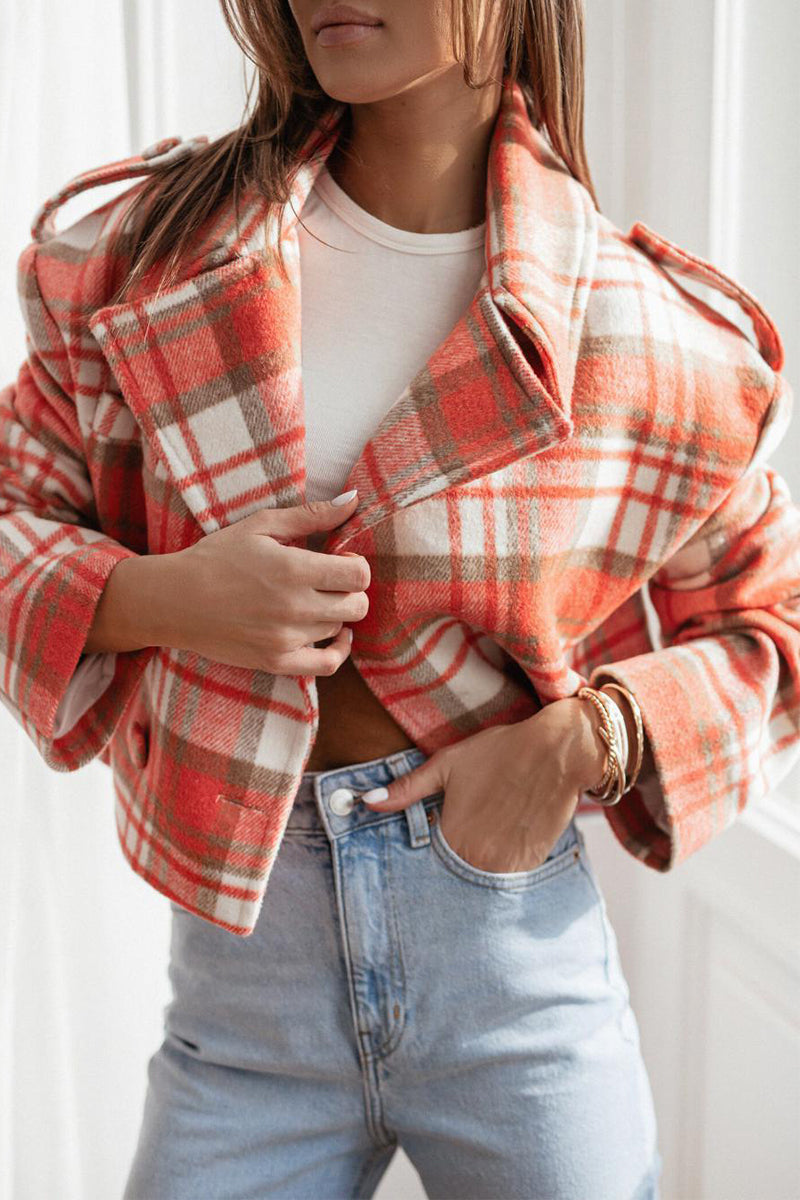 Casual Plaid Buttons Contrast Turn-back Collar Outerwear(3 Colors)