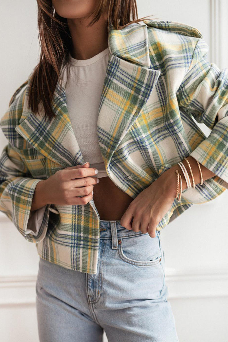 Casual Plaid Buttons Contrast Turn-back Collar Outerwear(3 Colors)