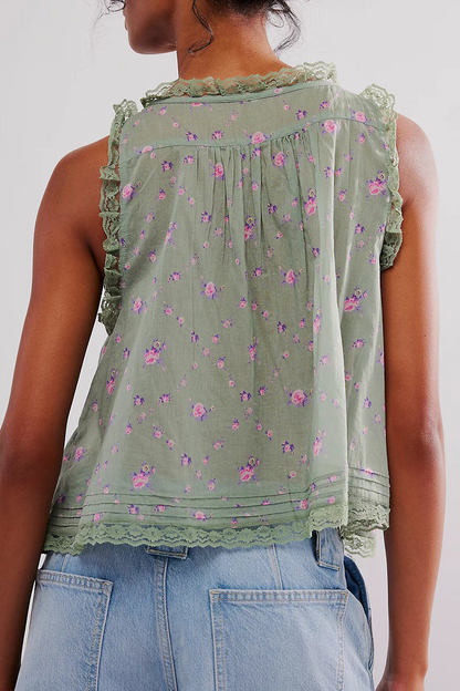 Sexy Flowers Print Hollow Out Lace Up V Neck Tops(3 Colors)