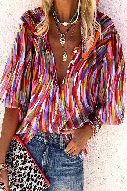 Casual Daily Striped Print Buttons Contrast V Neck Blouses(8 Colors)