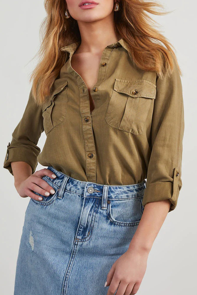 Casual Daily Solid Color Pocket Buttons Turndown Collar Blouses(4 Colors)